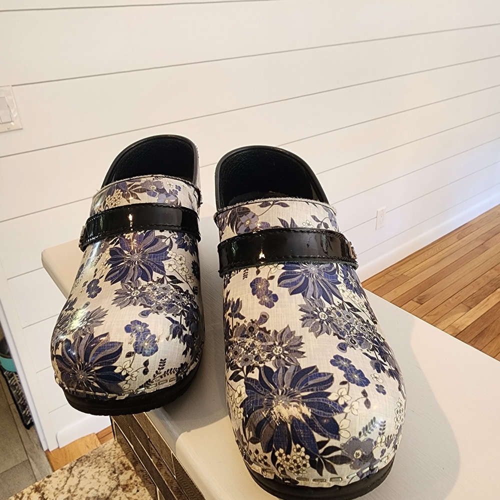 Sanita Blue Floral Clogs with Black Strap